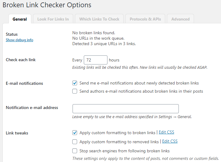Broken Link Checker Options